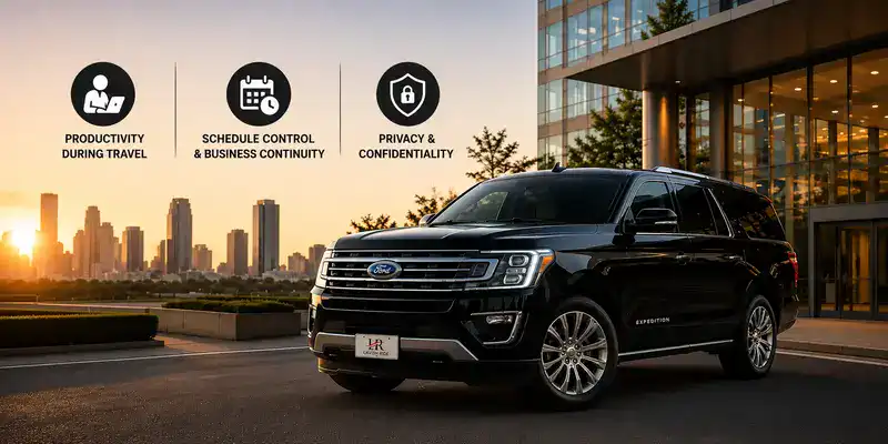 Luxury Ford Expedition with the official Lavish Ride logo parked outside a modern office, with icons highlighting productivity, schedule control, and privacy.